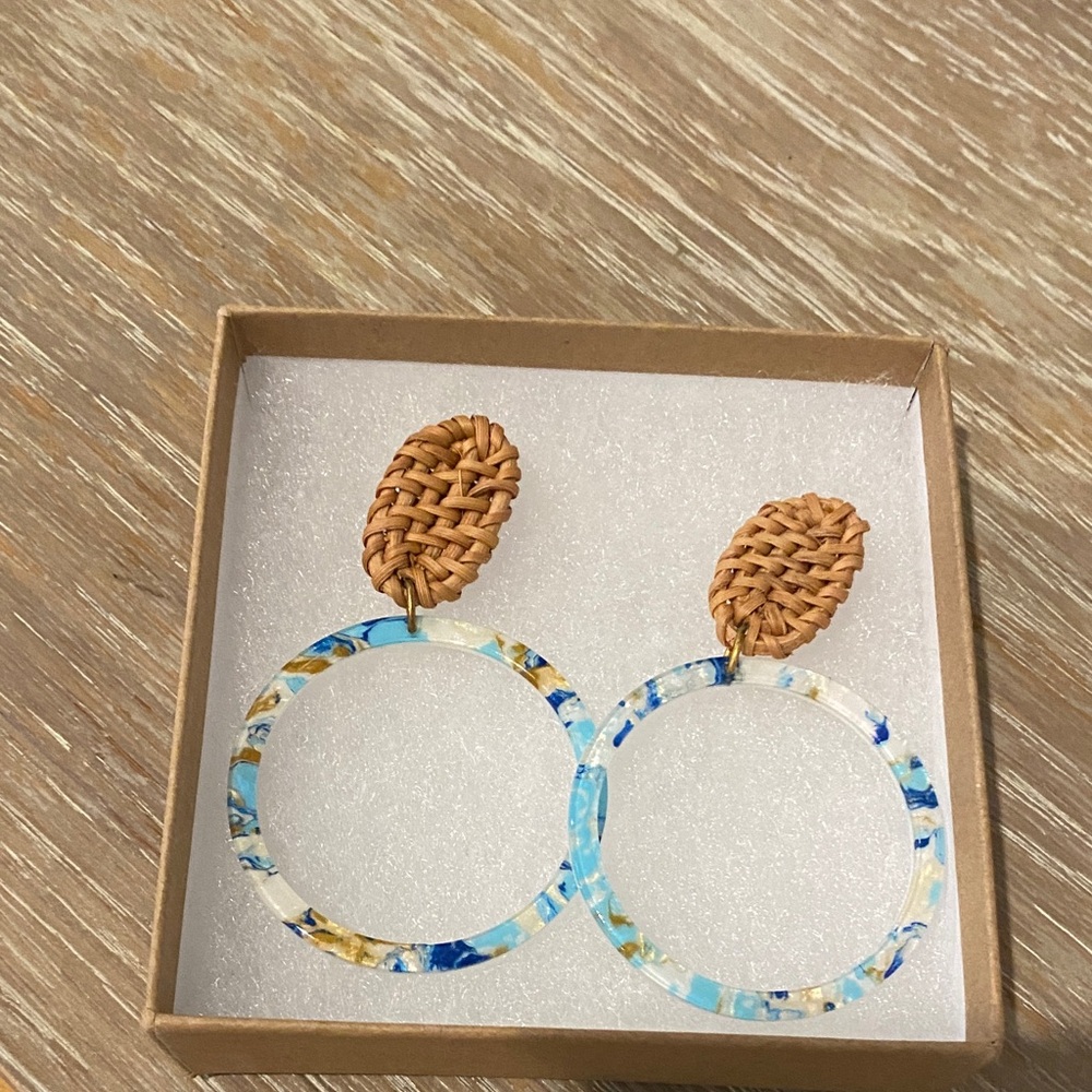 Blue and Tan Woven Hoop Earrings